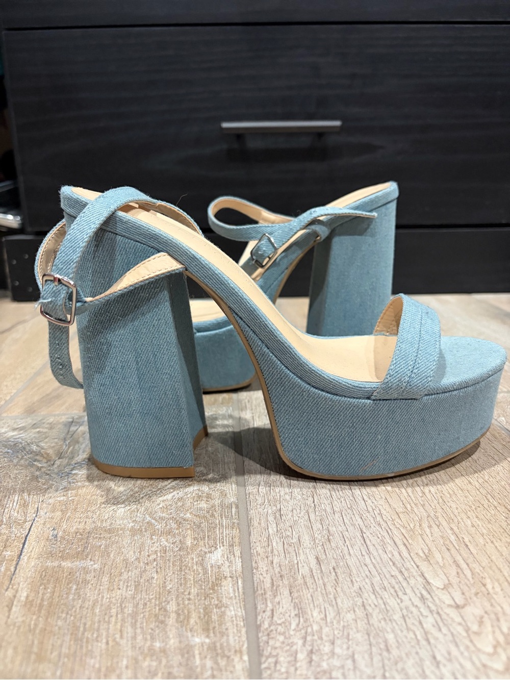 Forever 21 Light Blue Denim Platform Block Heel Sandals